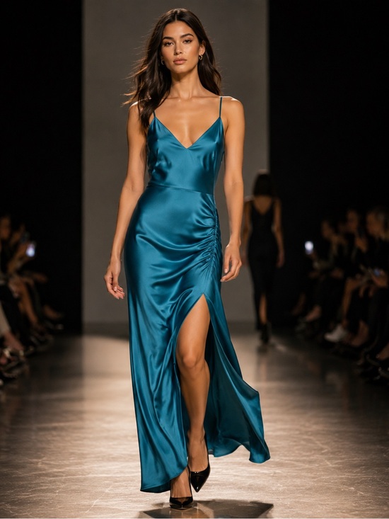 Alice + Olivia Dresses & Skirts - Satin Teal Slip Dress with Side Ruched Slit